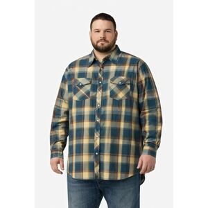 Ely Cattleman Mens 3XL Tall Western Pearl Snap Plaid Shirt Teal Gold 19.5 Neck